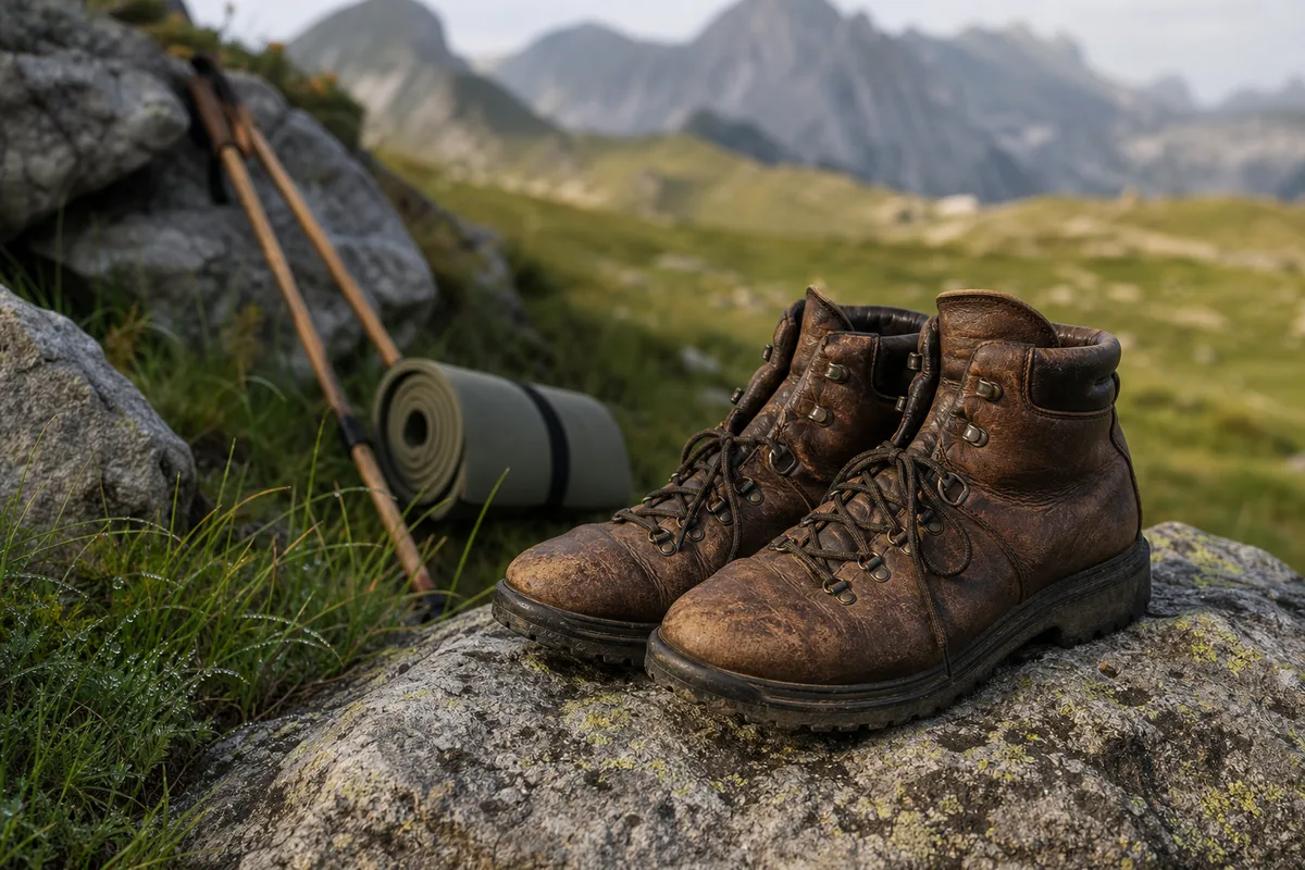 Chaussures de randonnée posées sur un rocher avant une étape du GR10