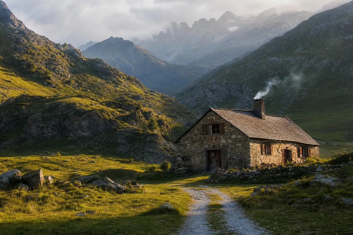 Gîte de montagne isolé dans une vallée pyrénéenne au crépuscule