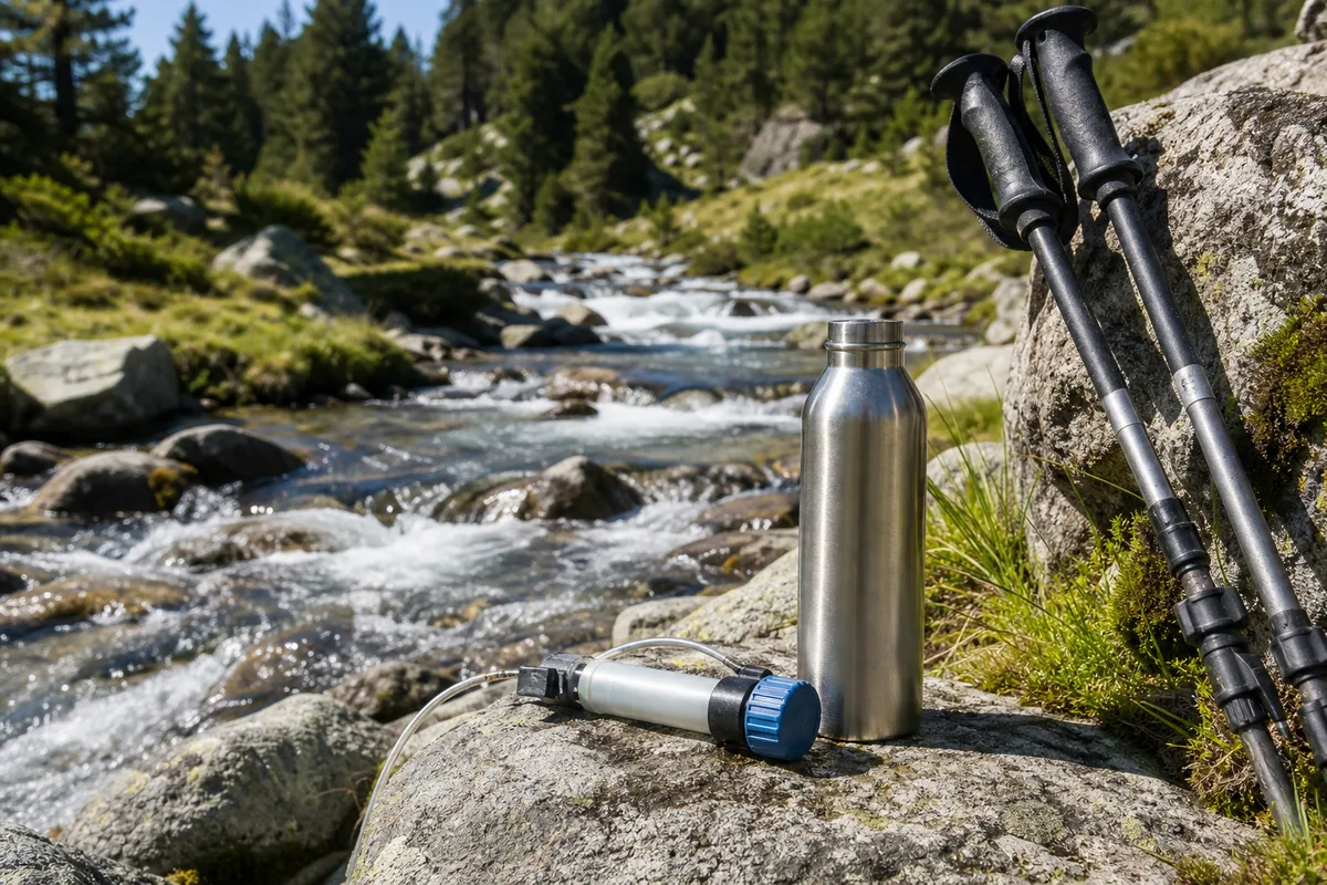Système de filtration d&rsquo;eau et bâtons près d&rsquo;un torrent pyrénéen